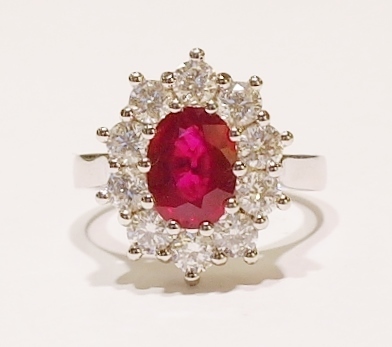 Platinum ruby and diamond cluster ring