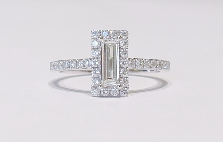Baguette diamond halo ring