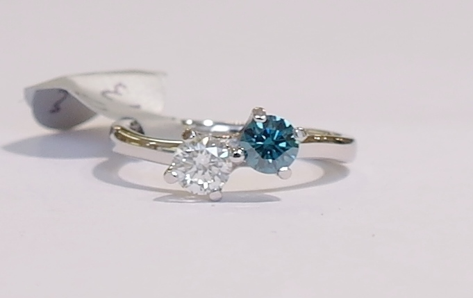 Blue and white diamond two stone ring