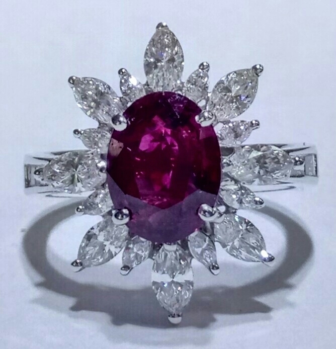 18ct white gold ruby and diamond cluster ring