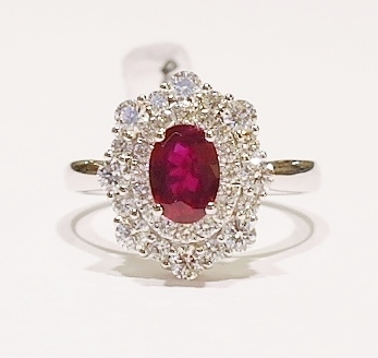 18ct white gold ruby and diamond cluster ring
