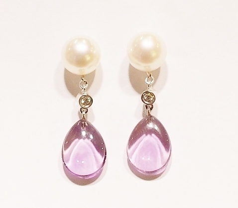 18ct white gold pearl, amethyst and diamond earrings