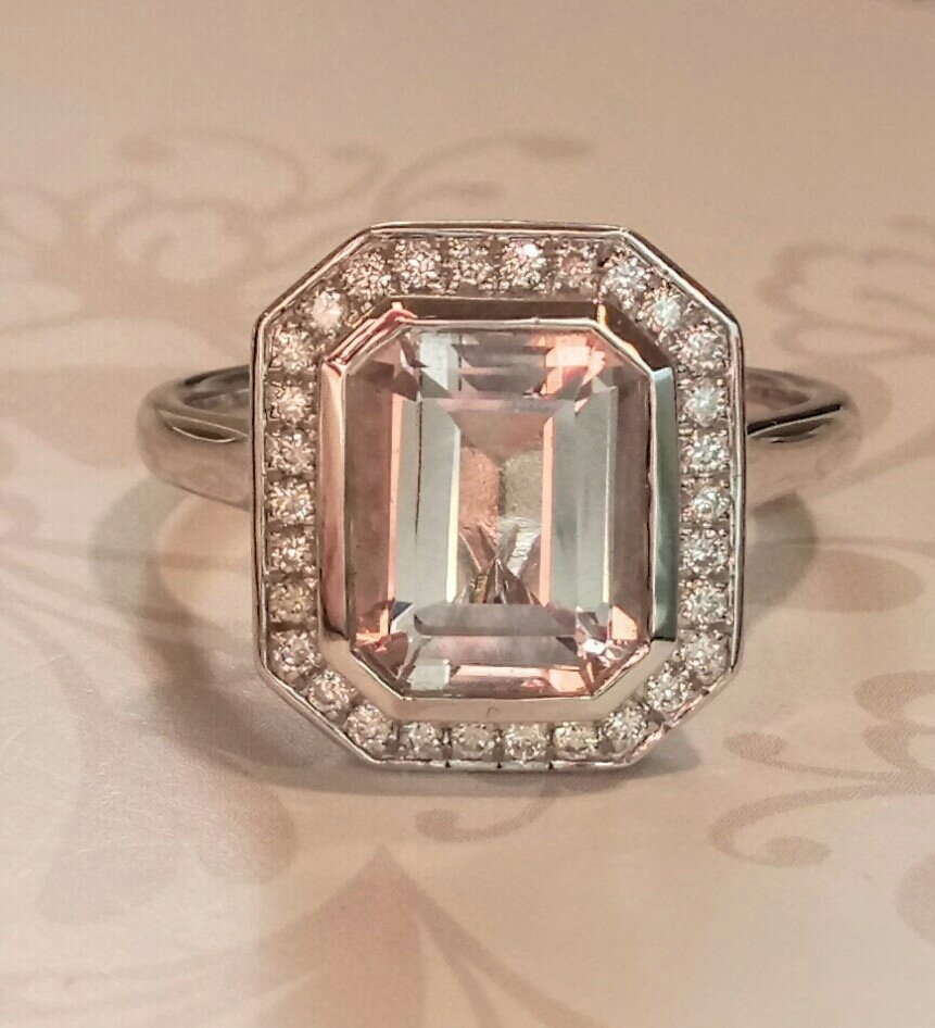 9ct white gold diamond and morganite ring