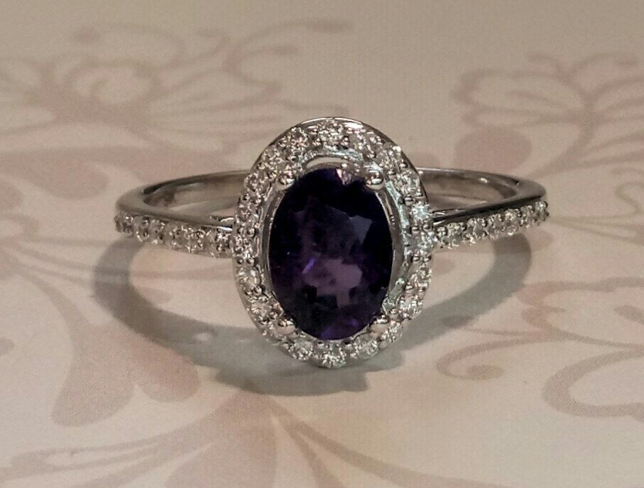 Amethyst halo diamond ring