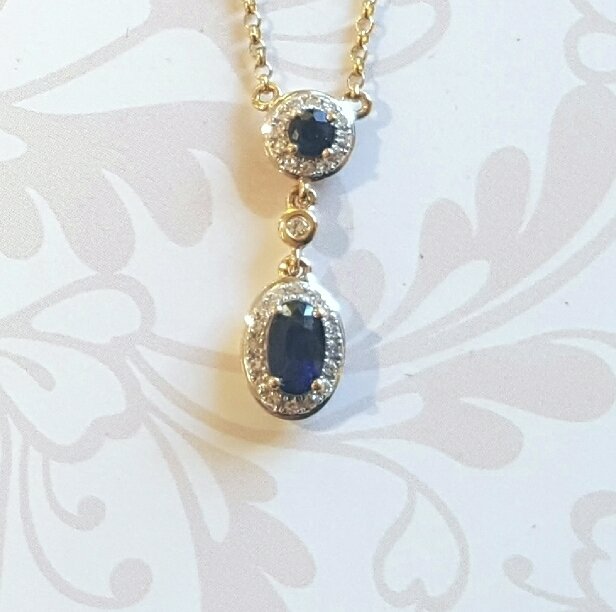 9ct yellow gold sapphire and diamond drop pendant