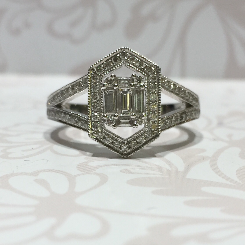 18ct white gold baguette and brilliant diamond Art Deco style ring