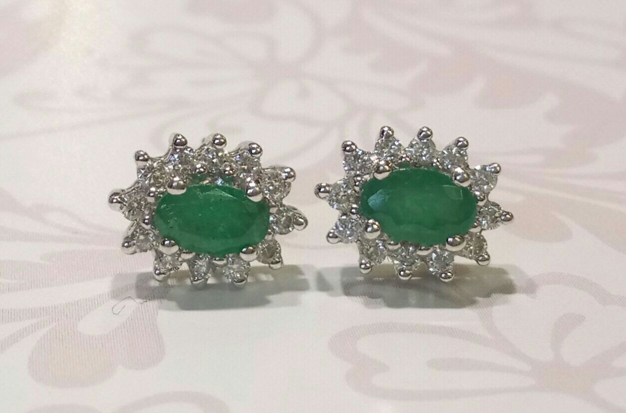 9ct white gold oval emerald and diamond cluster earrings