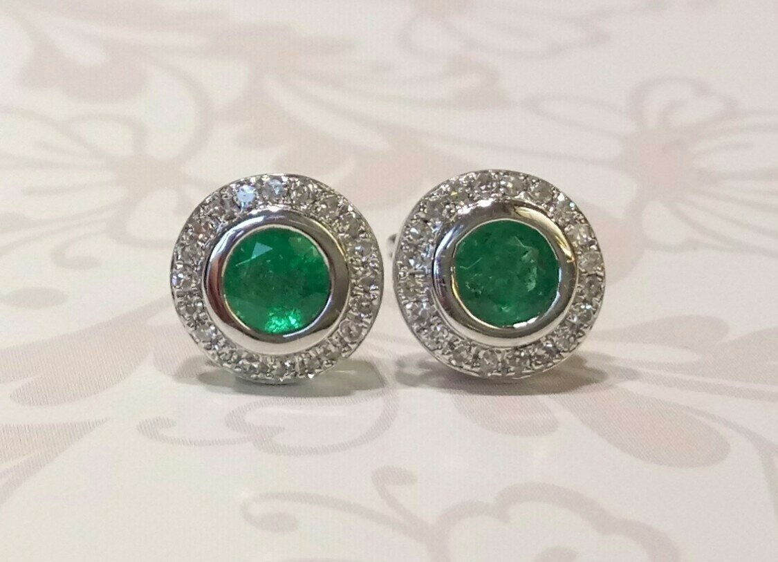 9ct white gold emerald and diamond cluster earrings
