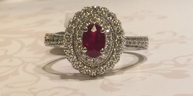 18ct white gold ruby and diamond halo ring