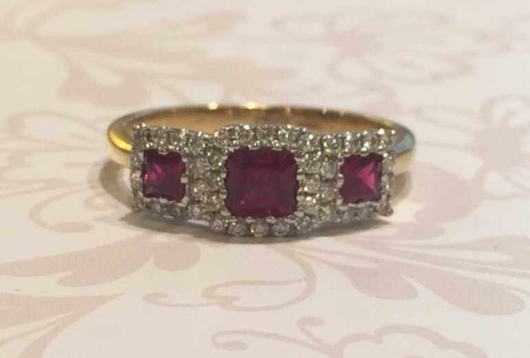 18ct ruby and diamond triple cluster ring