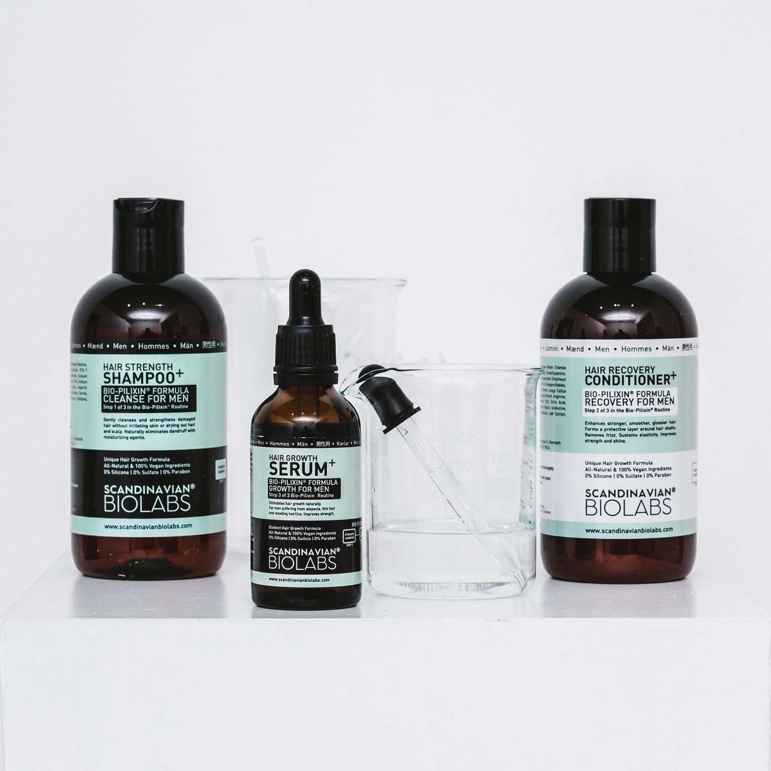 EXEMPLE. Kit de renforcement des cheveux pour hommes : shampooing + après-shampooing + sérum de croissance des cheveux