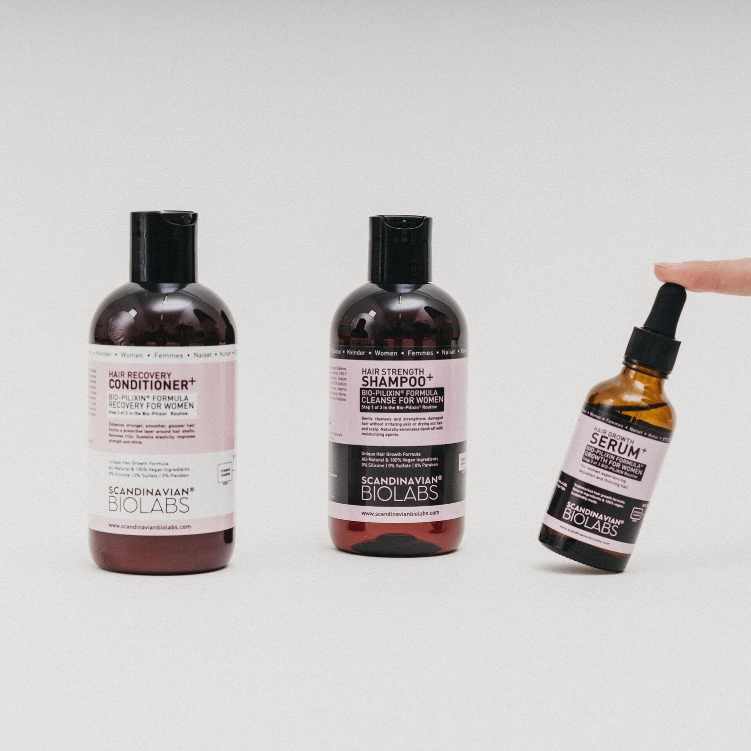 EXEMPLE. Kit de renforcement des cheveux pour femmes : shampooing + après-shampooing + sérum de croissance des cheveux