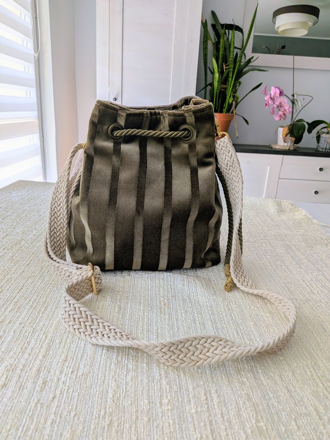 Torebka Tobołek Bucket Bag Gobelin Green Gold Paski