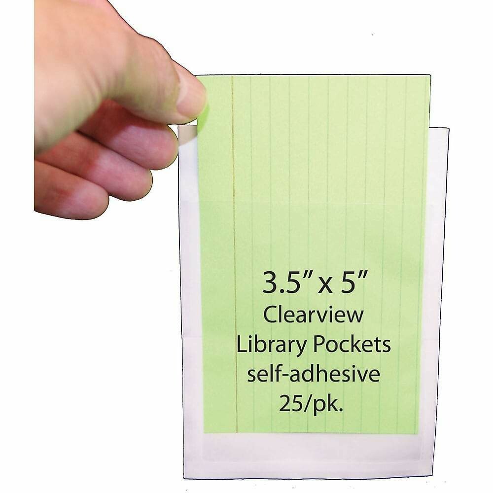 Ashley 3 1/2" x 5" Clear View Self Adhesive Library Pockets, 25/Pack