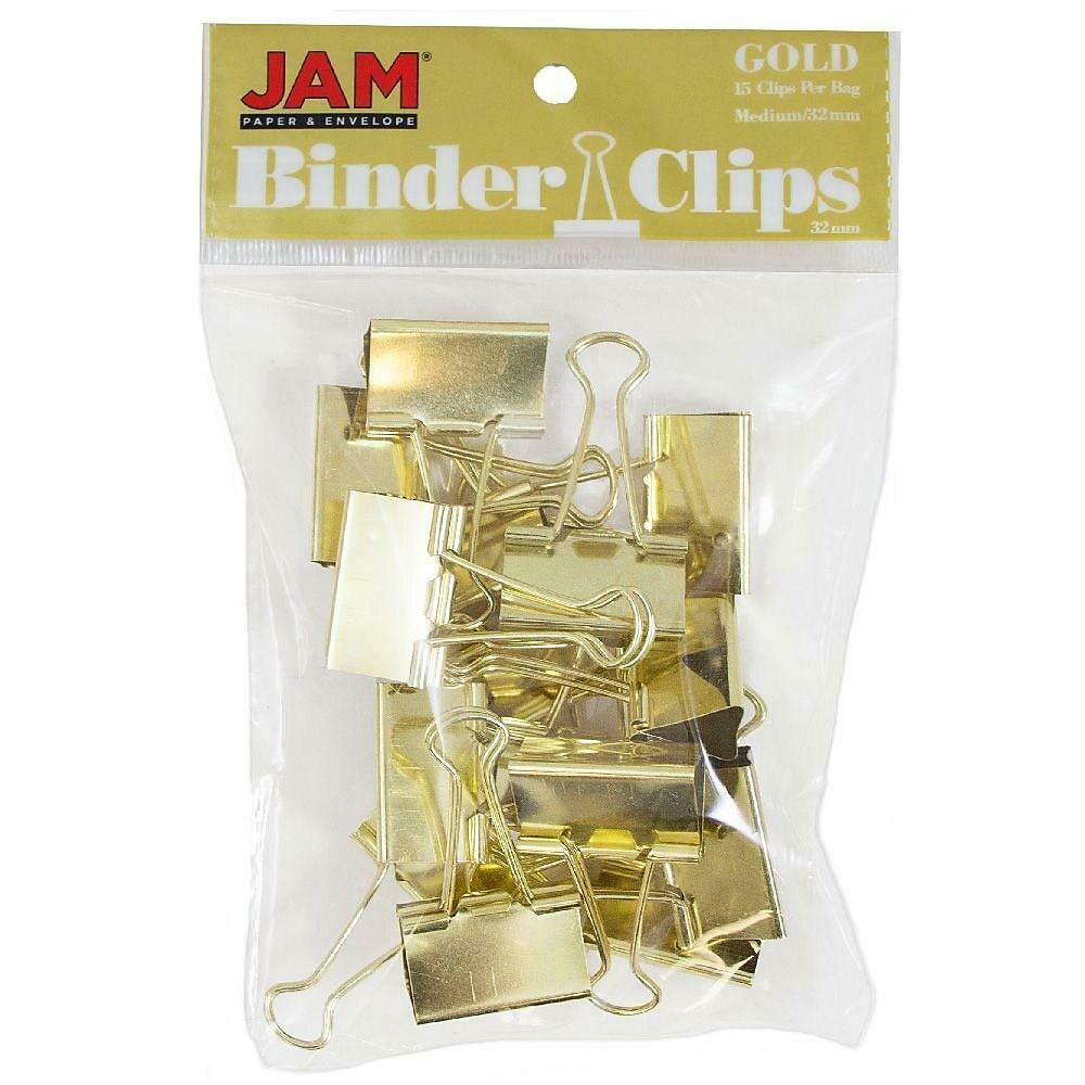 JAM Paper Binder Clips, Medium, 1-1/4" (32 mm), Gold, 15/Pack