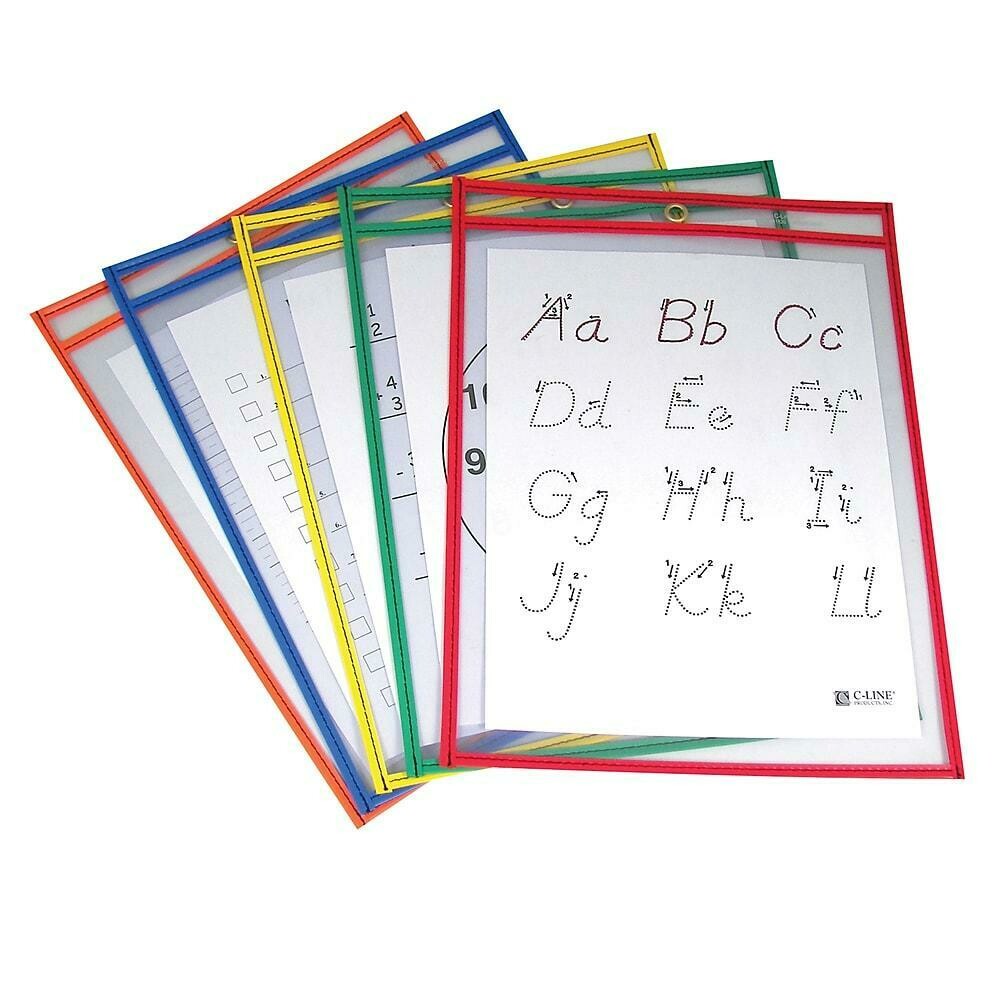 C-Line Reusable Dry Erase Pockets, Primary Colours, 9" x 12", 25/Pack