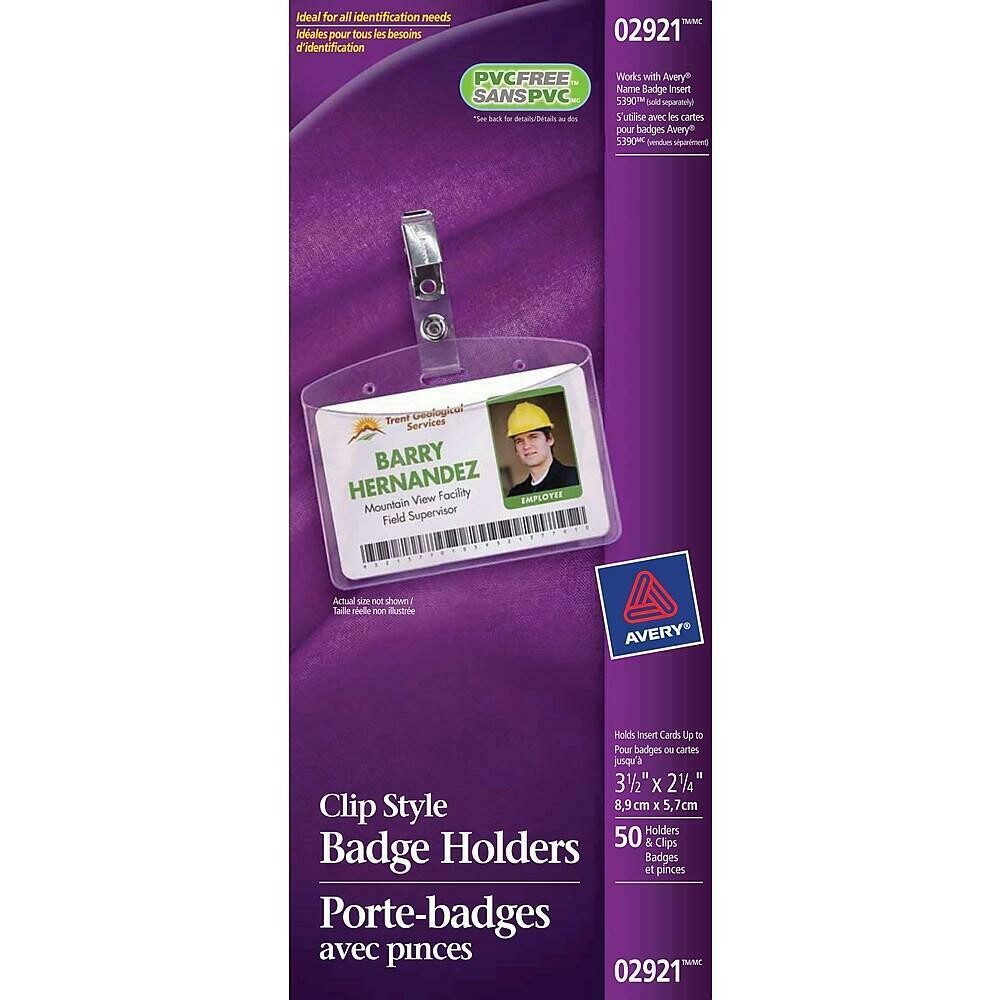 Avery 2921 Name Badge Holders, Landscape 2 1/4” x 3 1/2”, 50 Pack