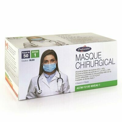 Continental ASTM F2100 Level 3 Medical Masks Blue 50/box MADE IN CANADA