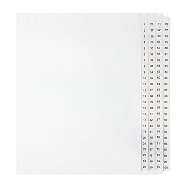 Mark Maker Legal Exhibit Index Tab Set of White Single Tabs, 1/25th Cut, Letter Size, No Holes, Number 1 - 100