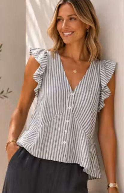 SOLEA LINEN STRIPE FRILL SLEEVE FITTED TOP, Color: WHITE/ANTRACITE STRIPE, Size: S