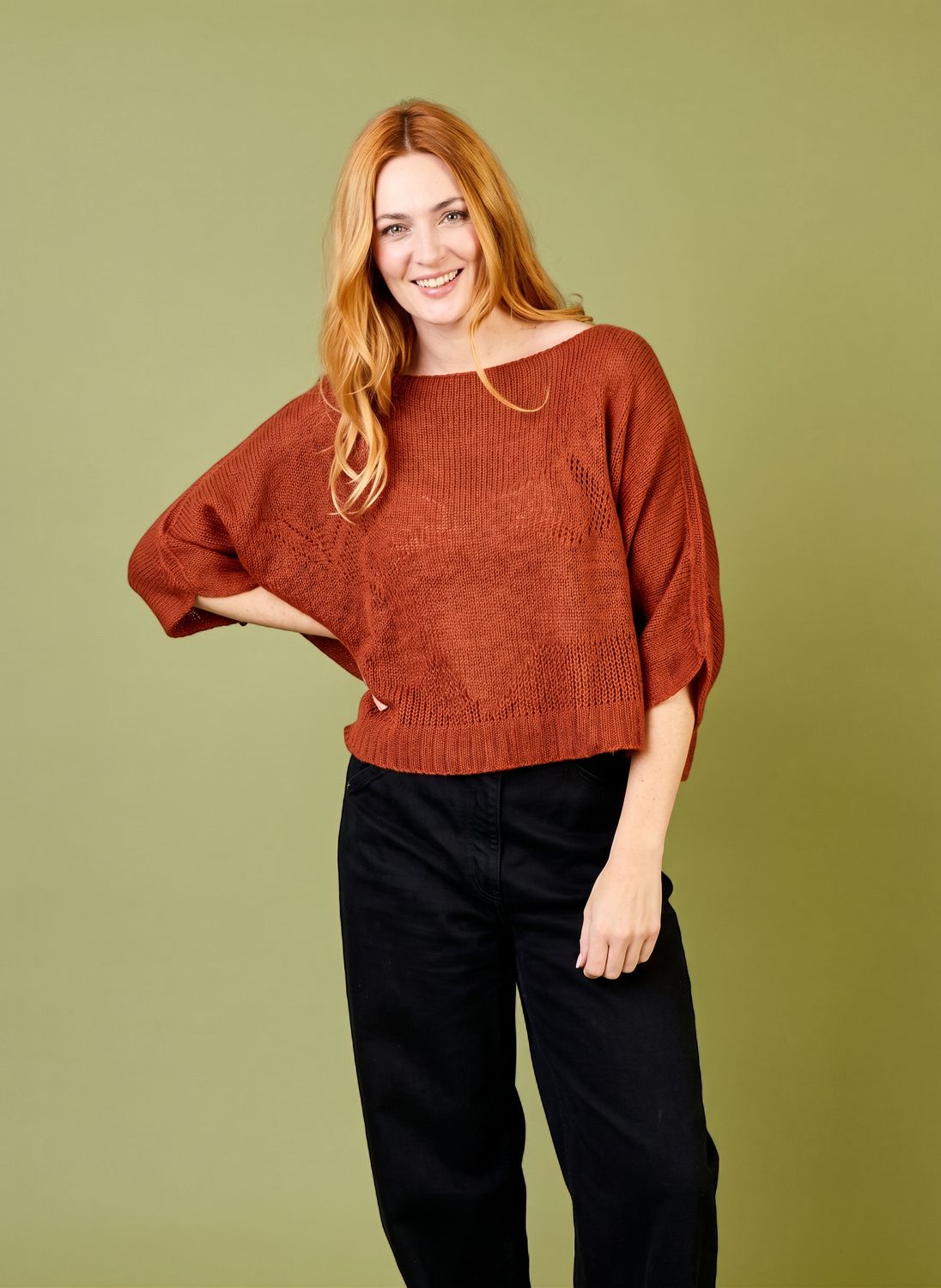 FLORENCE SHORT BATWING KNIT SWEATER, Color: RUST, Size: OS