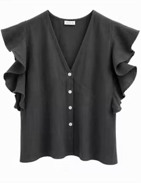 SOLEA LINEN FRILL SLEEVE FITTED TOP, Color: ANTRACITE, Size: S
