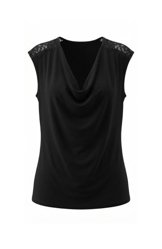draped neck slvless knit tpo w/ lace