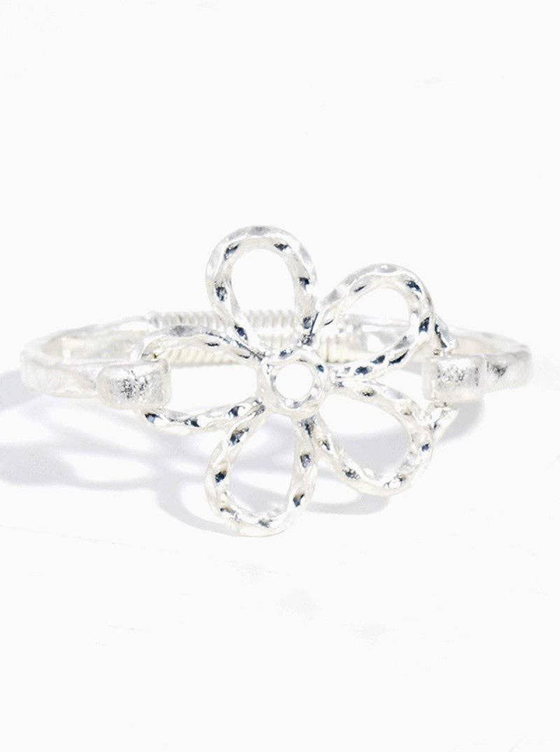 Hammered Metal Flower Hook Bangle Bracelet: Worn silver