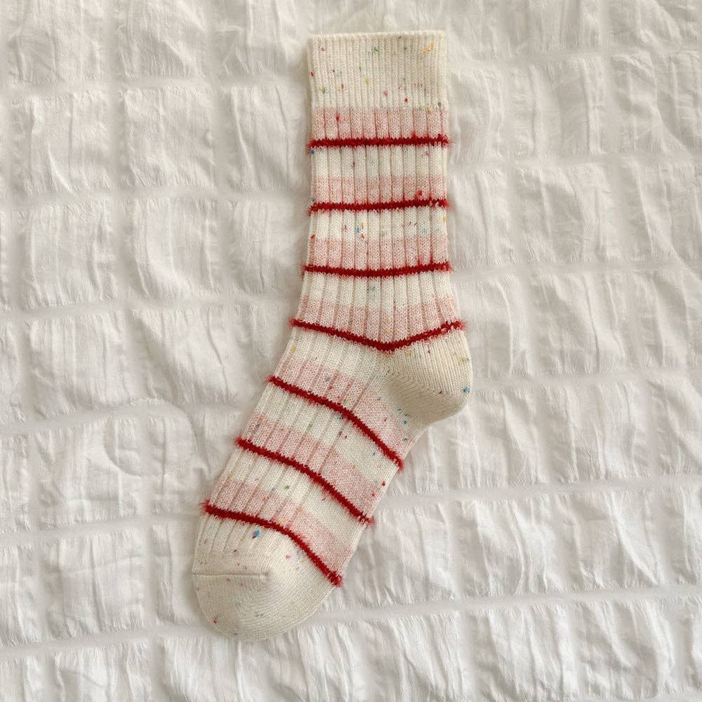 Minimalist Striped Wool Blend Thicken Crew Socks - Red White