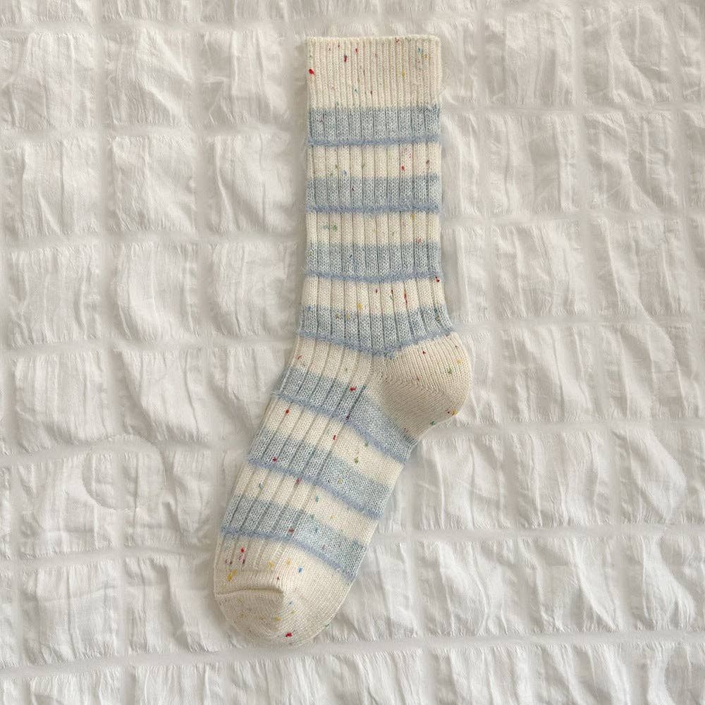 Minimalist Striped Wool Blend Thicken Crew Socks - Blue White