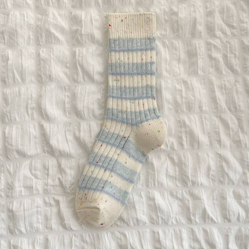 Minimalist Striped Wool Blend Thicken Crew Socks - Blue White