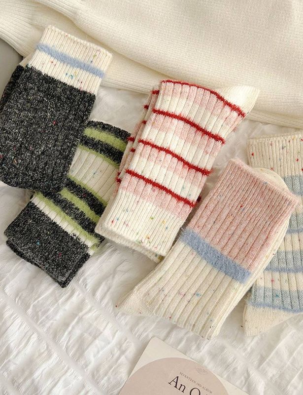 Minimalist Striped Wool Blend Thicken Crew Socks - Blue White