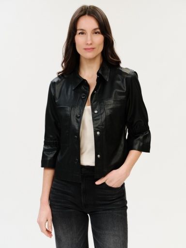 ROMY | FAUX LEATHER 3/4 FLUTTER SLV FRONT PCKT JKT, Colour: BLACK, Size: XS