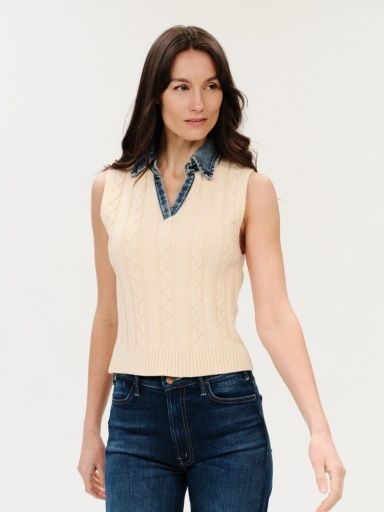 MONICA | MIXED MEDIA DENIM COLLAR VEST, Size: XS