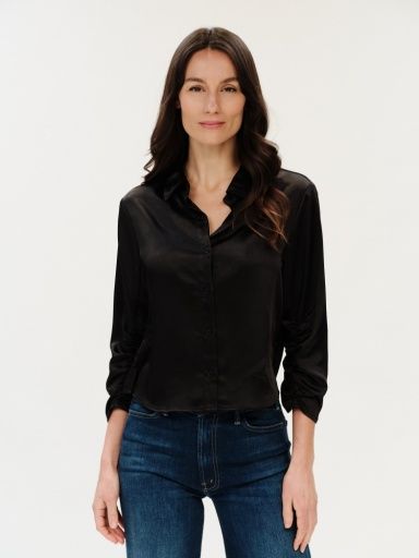 DESSI | SATIN RUCHED SLEEVE BUTTON DOWN, Colour: BLACK, Size: XS