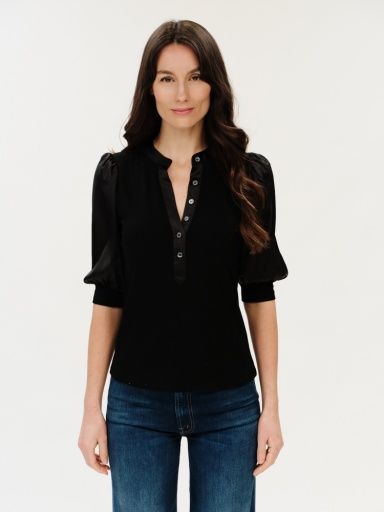 GRACE | MIXED MEDIA RIBBED TOP SATIN SLEEVE TOP, Colour: BLACK, Size: XS