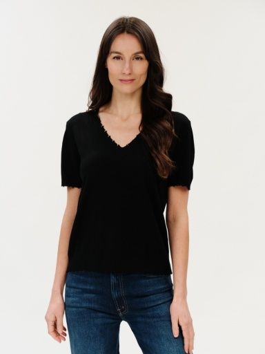 GEMMA | V-NECK FRAYED HEM S/S SWEATER, Colour: BLACK, Size: XS