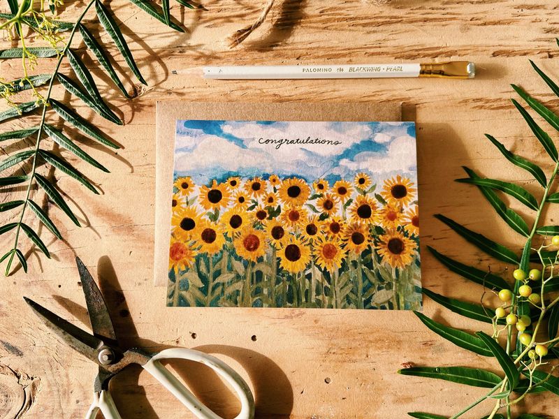 Congratulations Sunflower Field 90's Greeting Card