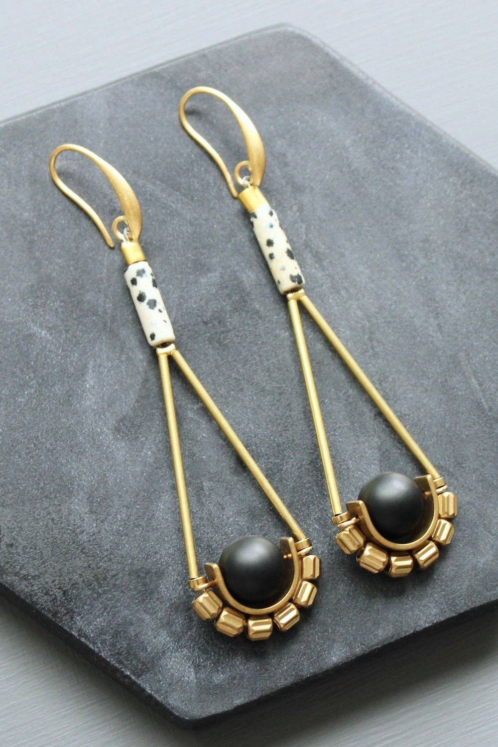 LEXE49 Dalmatian jasper and jet glass earrings