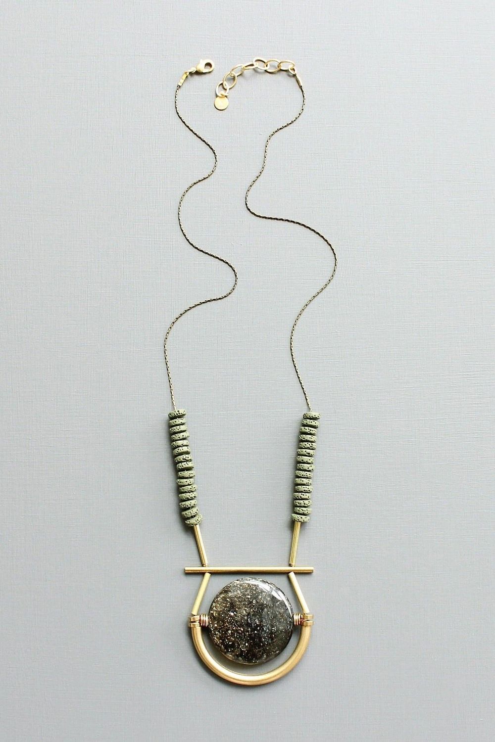 LEX223 Black and moss geometric pendant necklace