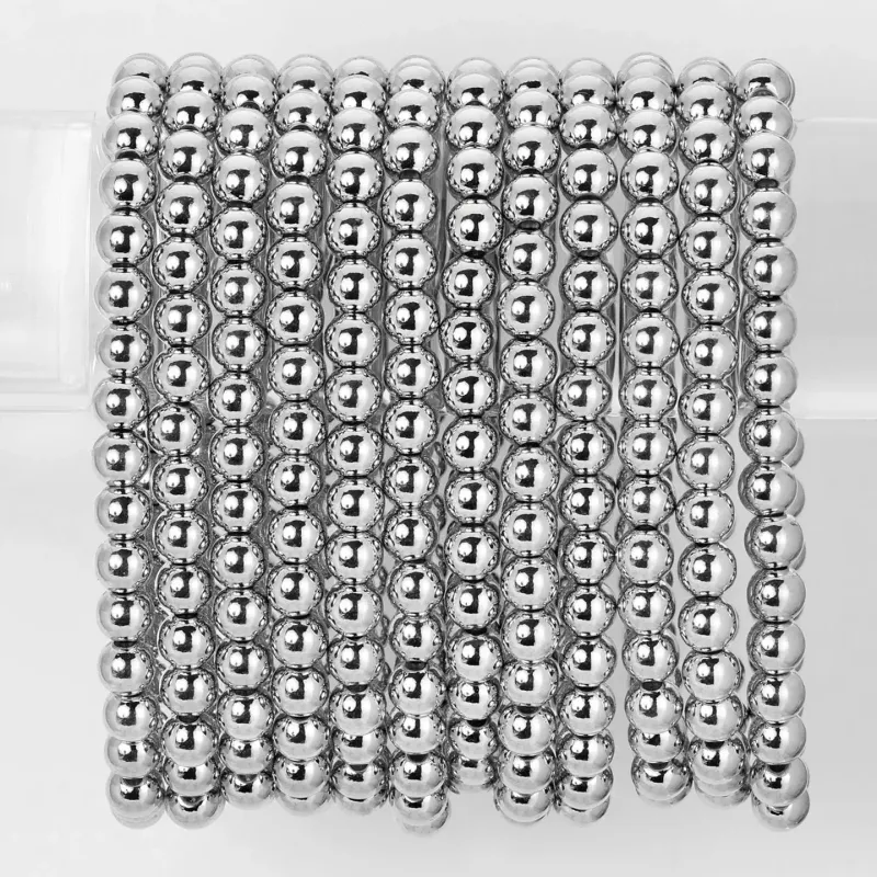 Classic Beaded Stretch Bracelets: Silver / 6mm