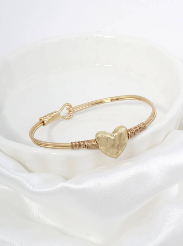 Hammered Heart Hook Closure Cuff Bracelet: WORN GOLD
