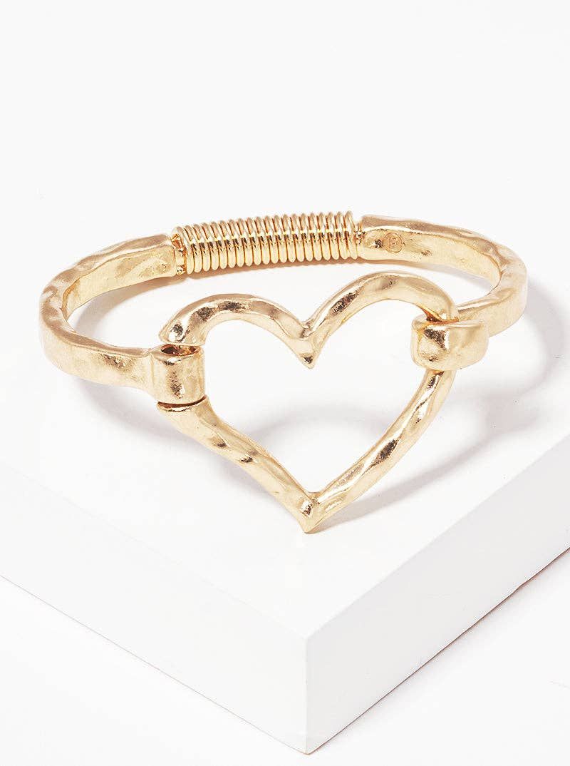 Hammered Metal Heart Hook Clasp Hinged Bracelet: Worn gold