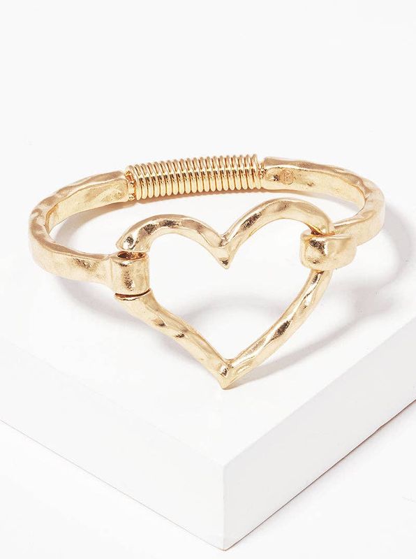 Hammered Metal Heart Hook Clasp Hinged Bracelet: Worn gold
