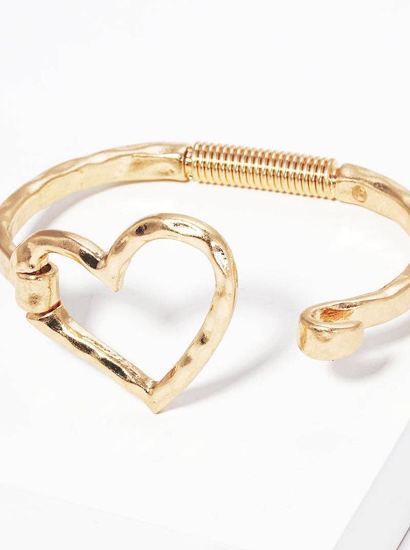 Hammered Metal Heart Hook Clasp Hinged Bracelet: Worn gold