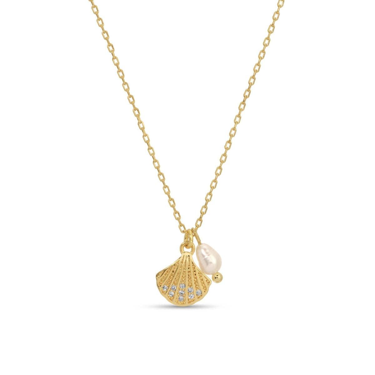 Scallop Shell Pendant Necklace with Freshwater Pearl: Gold