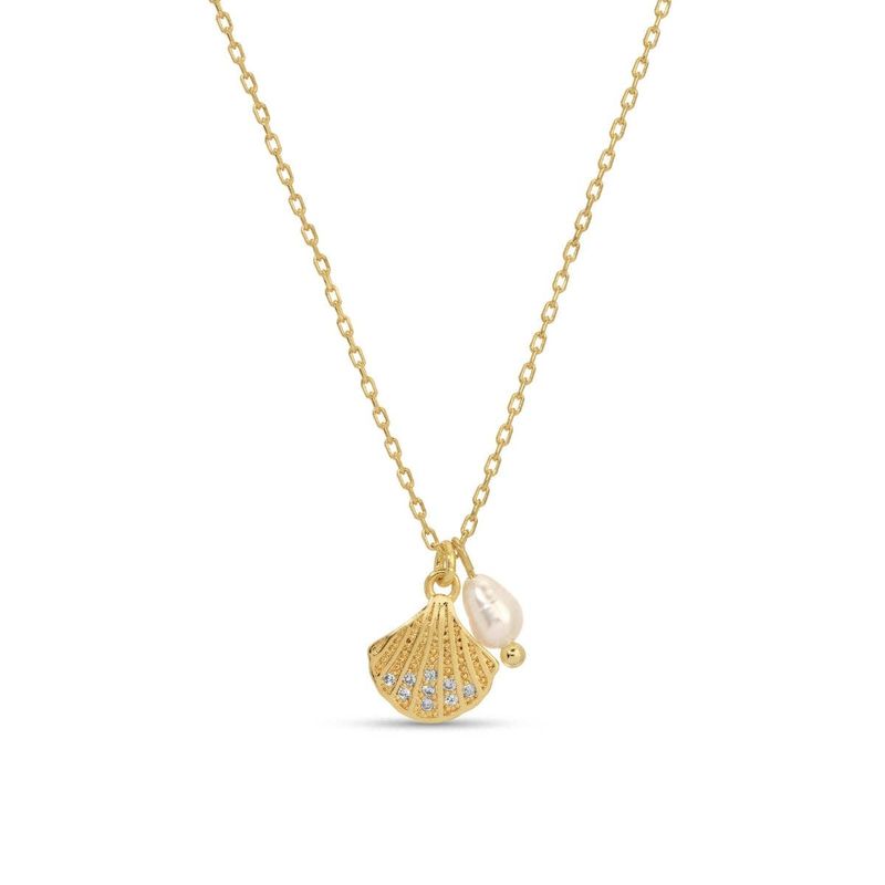 Scallop Shell Pendant Necklace with Freshwater Pearl: Gold