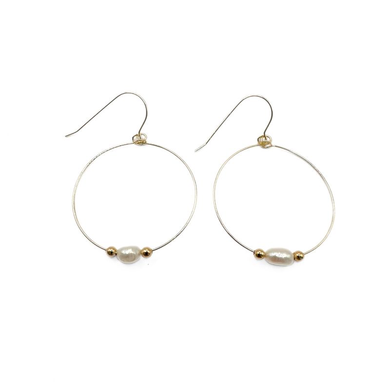 Gold filled Simple Rice Pearl Hoop Danglers - Waterproof