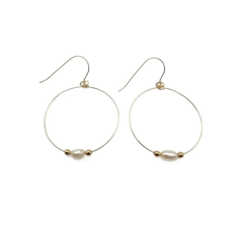 Gold filled Simple Rice Pearl Hoop Danglers - Waterproof