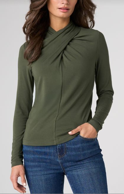 Long Sleeve Wrap Neck Top, Color: Hunter Green, Size: XS